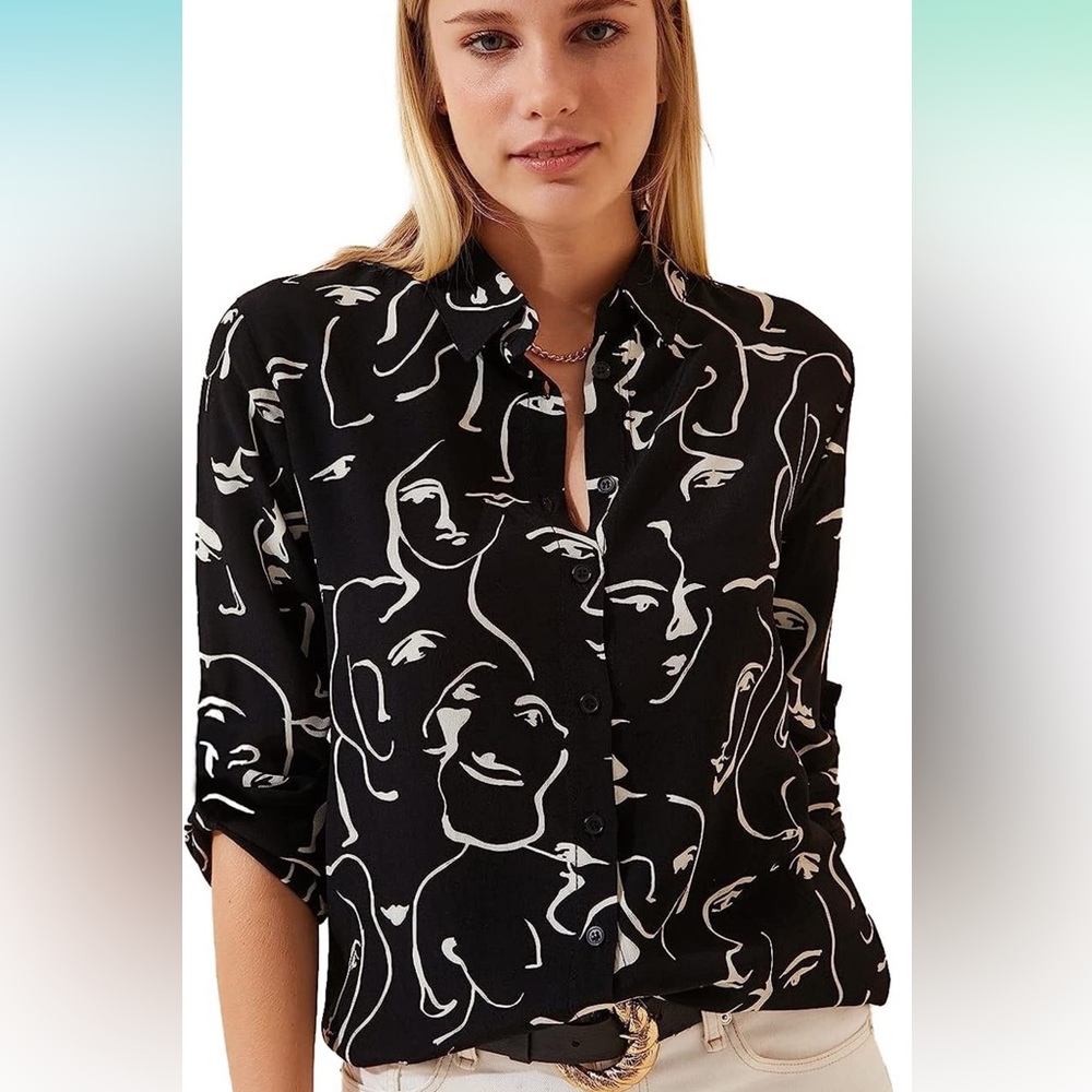 Long sleeve black and white trendy pencil face button down blouse